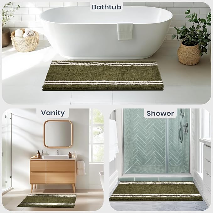 PURRUGS Bathroom Rug, Bath Mat, 20" x 30", Olive Green | Machine Washable, Non-Slip, Waterproof TPR Backing, Super Absorbent, Quick Dry, Bath Rug for Shower, Bathtub, and Sink