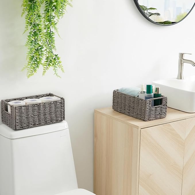 Wicker Storage Basket, Set of 2 Hand-Woven Paper Rope Wicker Basket, Small Storage Baskets for Organizing Toilet Paper, Foldable Large Cube Storage Organizer Bins for Shelves (Grey)