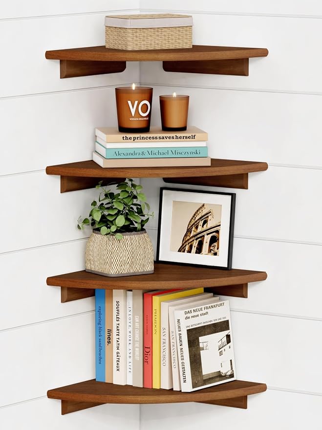 Forbena Corner Bookshelf Wall Mounted Set of 4, Wooden Floating Book Shelves for Nursery, Large Wall Shelving Unit for Living Room Bedroom Bathroom Kitchen Office Classroom Corner (Walnut Color)