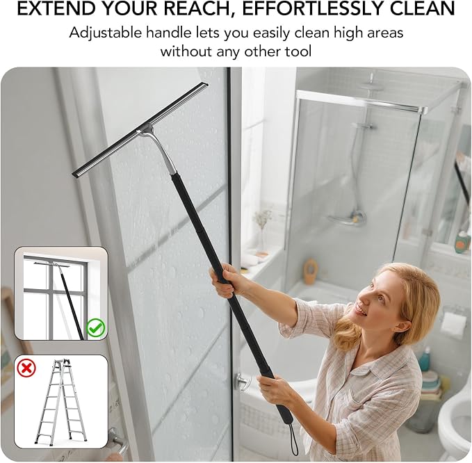 Shower Squeegee for Glass Doors, Telescopic Window Cleaner Tool | 15-51" Squeegee for Window Cleaning, Extendable Squeegee for Shower Glass for Tile Walls, Sliding Door, Floor, Car Windshield