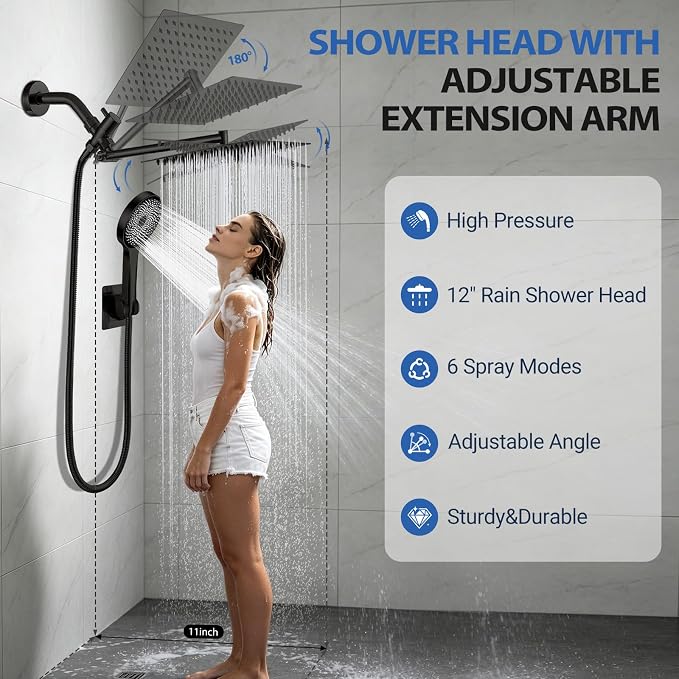 Shower Head,12”Rain Shower Head with Handheld Spray Combo with 11'' Angle Adjustable Extension Arm/Flow Regulator/Shower System,High Pressure Rainfall Shower Head Clean Bathroom,Matt Black