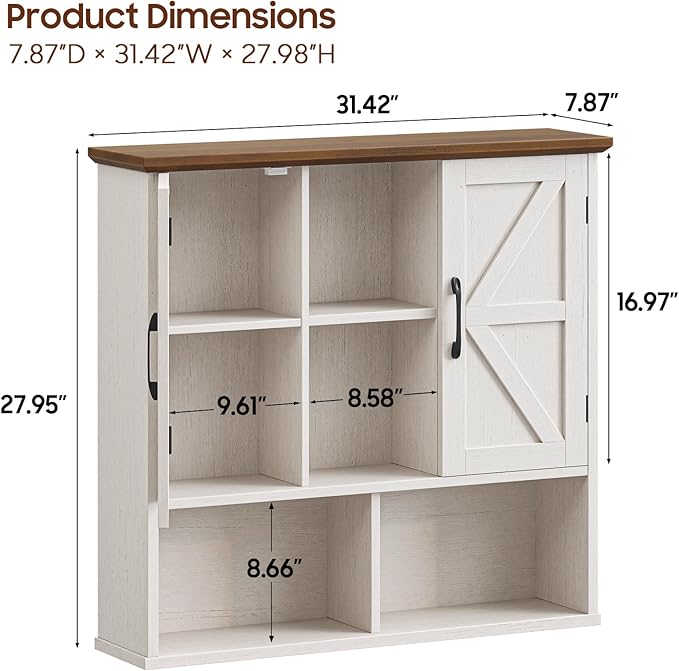Vabches Bathroom Wall Cabinet, Farmhouse Medicine Cabinet with Double Barn Door and Adjustable Shelves, Wooden Vintage Storage Cabinet Wall Mounted for Bathroom, Kitchen Dining, Rustic White