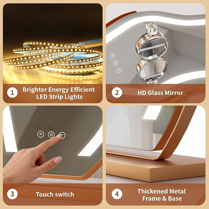 12.6''x17'' Makeup Mirror Cloud Shaped Lighted Vanity Mirror | Smart Touch 3 Color Dimmable Memory 360° Rotation Gold Metal Frame Plug-in AC Power Tabletop Vanity Mirror Women Gift
