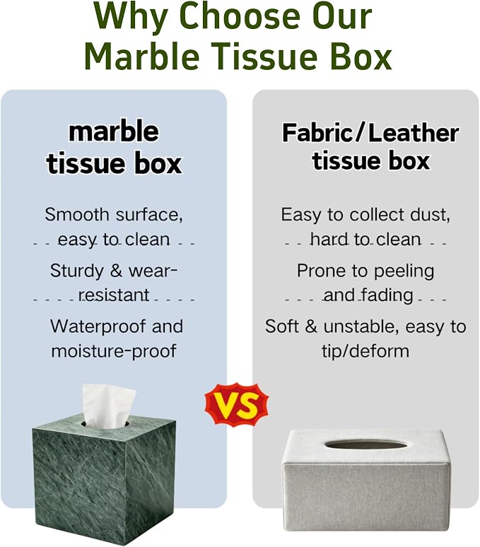 Marble Tissue Box Holder Cover with Open Bottom for Bathroom | Square Cube Polished Surface Tissue Box Holder for Bedroom Dressers, Kitchen Countertop, Indian Green