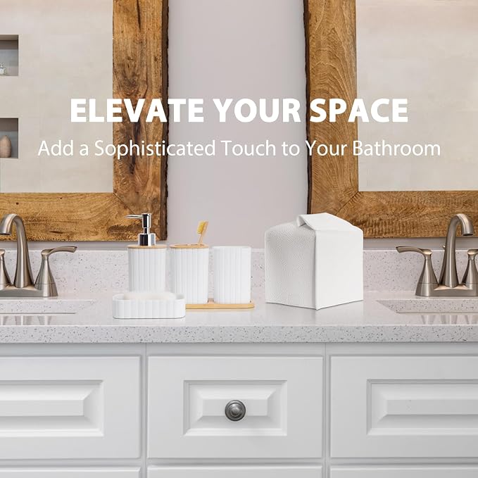 Bathroom Accessory Set, 10 Piece White Bathroom Set Complete | Includes Trash Can, Soap Dispenser, Toothbrush Holder, Soap Holder, Tumbler, Toilet Brush, Tray, Qtip Holders, Tissue Cover