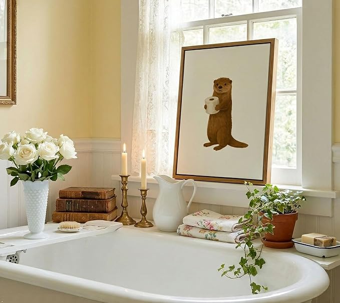 Floating Framed Funny Bathroom Otter Canvas Wall Art Cute Otter Painting Picture Wall Decor Humor Bathroom Animal Poster Print Artwork for Washroom Bathroom Toilet Home Decoration 16x24in