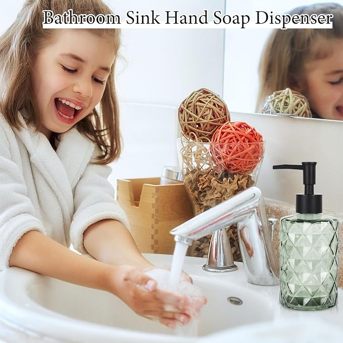 Green Glass Soap Dispenser, 11 Oz/330ml Liquid Hand Lotion Dispenser Set for Kitchen Sink and Bathroom, Dish Soap Dispenser Set, Lotion Glass Lotion Bottles with Black Pump (Army Green)