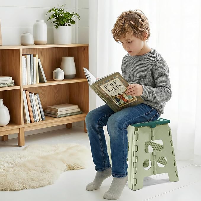 ACKO 13 Inch Folding Step Stool, Holds 300 lbs for Adults and Kids, Green | Collapsible Foldable Stools, Non-Slip Surface Heavy Duty Foot Stepping stool for Kitchen Bathroom Outdoor, Built-in Handle