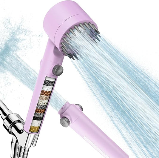 Filtered Shower Head with Handheld, High Pressure Water Flow and Multiple Spray Modes Shower Head with Filter, Power Wash for Hard Water, Showerhead with ON/OFF Switch for Pets Bath (Purple) | ON/OFF Switch,4 Spray,Built-in Power Wash,Detachable Shower...