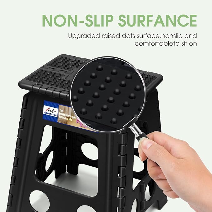 ACKO 16 Inch Folding Step Stool with Safety Lock, Holds 400 lbs, Dot Black | Portable Foldable Stools with Handle, Heavy Duty Collapsible Non-Slip Foot Stool for Adults & Kids, Kitchen Bathroom Outdoor