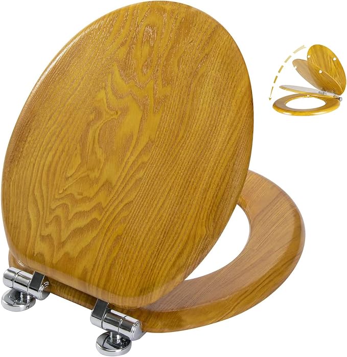 Angel Shield Toilet Seat Round Wood Veneer Quiet Close(Oak) | Quick Release Metal Hinges, Adjustable Fit for Standard Round Toilets, Easy to Install&Clean