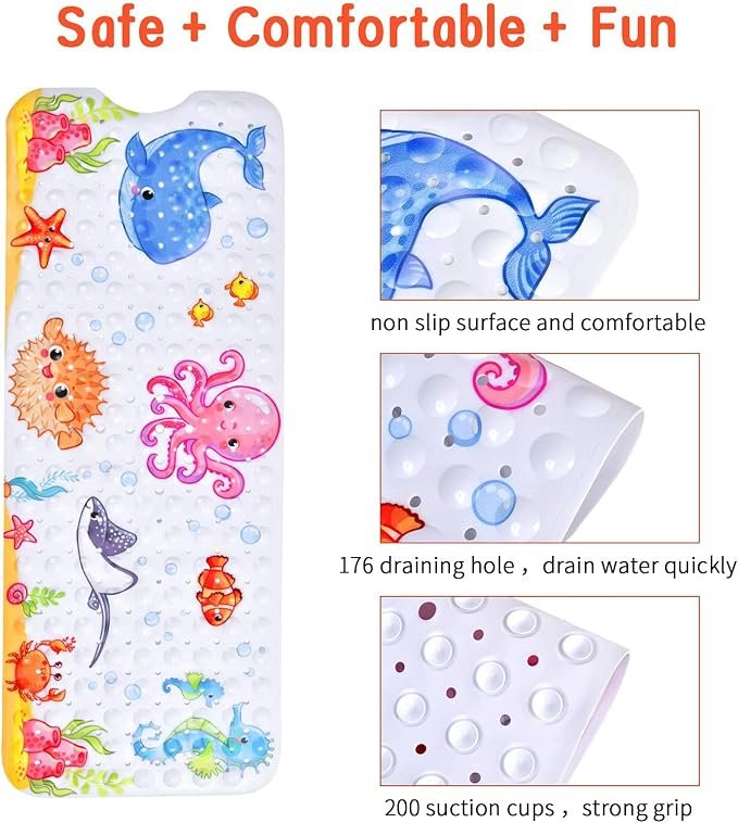 Secopad Bathtub Mat Non Slip, Cute Bath Tub Mat, 40" x 16", Pink Octopus | Rectangular, Anti-Slip, Machine Washable, with Drain Holes and Suction Cups,For Bathtub and Shower Floor, for Toddler & Kids