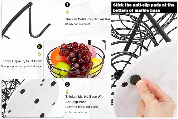 Livabber Fruit Basket Bowl with Banana Hanger, Metal Fruit Vegetable Storage Basket with Banana Holder for Kitchen Counter, Detachable Organizer for Bread Snack Produce (Black, 3-Tier Marble Base)