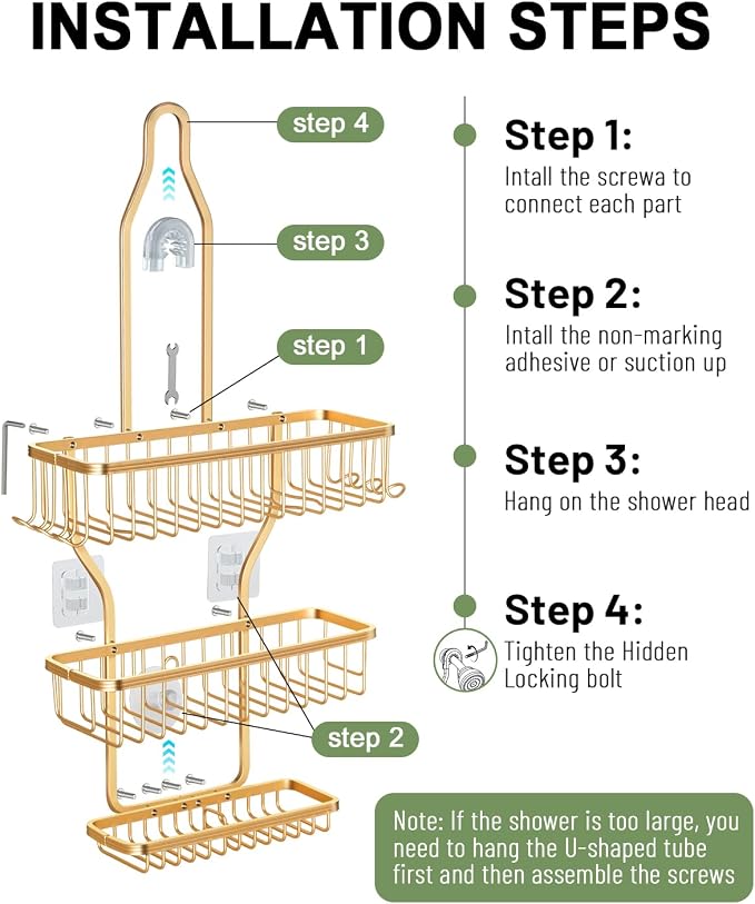 Shower Caddy Hanging - Never Rust Shower Hanging Organizer - Aluminum Over the ShowerHead Caddy with Soap Basket and 6 Razor/Sponge Hooks (Gold)