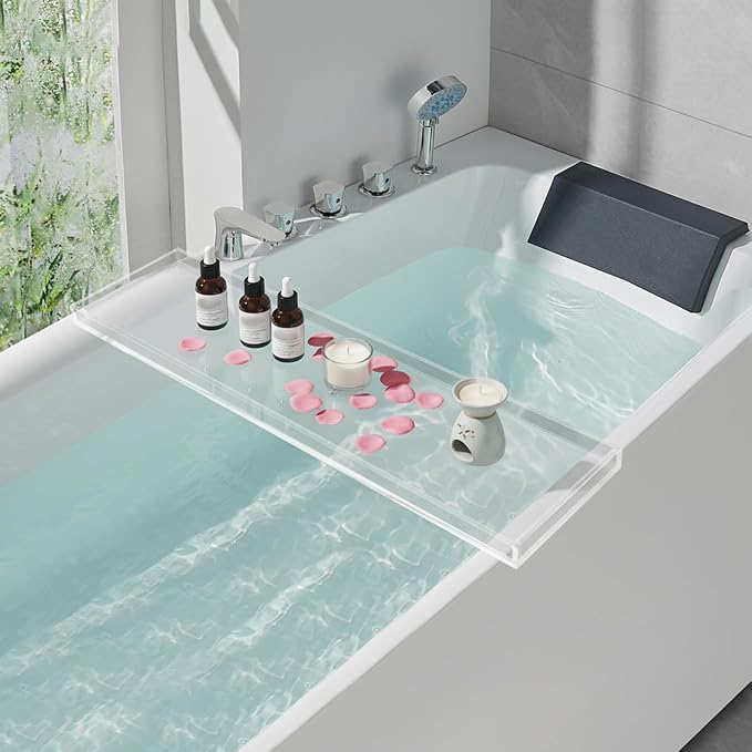 Clear Acrylic Bathtub Tray 8mm Thick - Bathtub Rack Bath Tub Shelf for Bathroom Acrylic Tub Caddy Bathroom Organizer Rectangular Modern Bathtub Caddy Hold Phone Tablet Wine Glasses