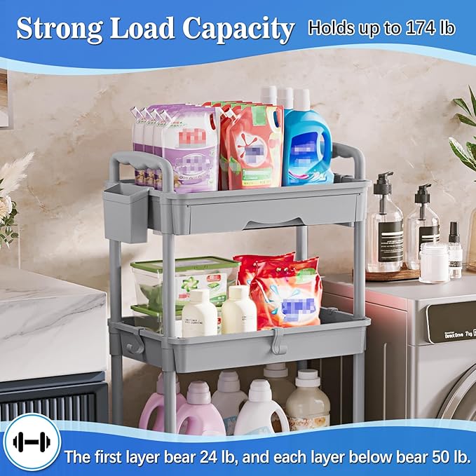 SUNALLY 4 Tier Rolling Cart with Drawer, Craft Storage Cart Organizer, Gray | Bathroom Storage Organizer with 2 Lockable Wheels, Rolling Utility Cart for Kitchen, Office, Baby, Makeup, Nail,Snack,Laundry