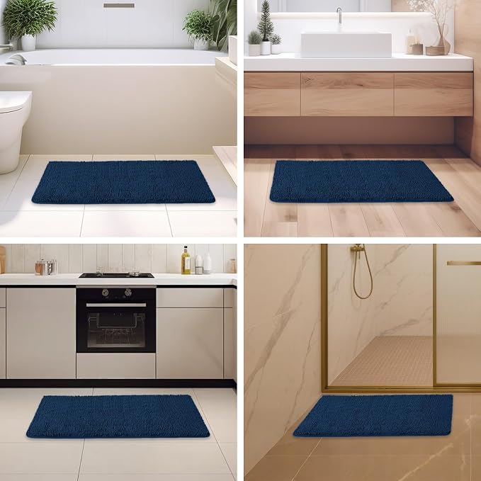 Navy Blue Bathroom Rugs – Absorbent and Washable Bath Mat, Non-Slip, Thick Soft Chenille Bath Rugs for Bathroom Floor, Shower, Sink - 24" x 36"