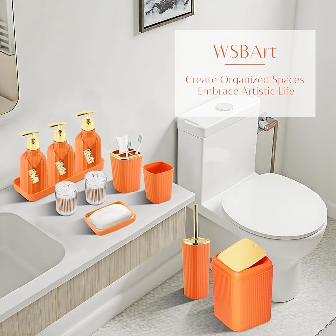 17PCS Bathroom Accessories Set, Orange Bathroom Set Bathroom Accessories Set with Trash Can, Toilet Brush, Toothbrush Holder, Qtip Holder & 3PCS Soap Dispenser
