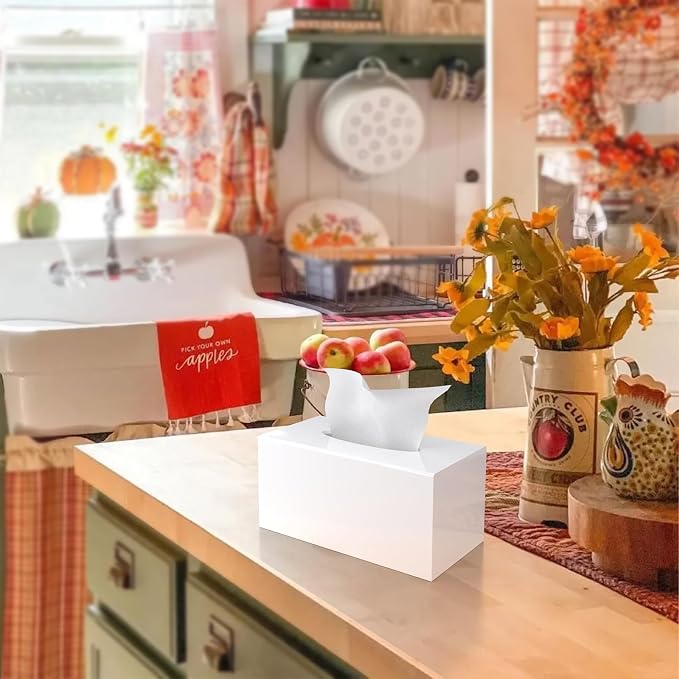 Glossy White Rectangle Upgrade Size Acrylic Tissue Box Cover | Handmade Facial Napkin Dispenser Holder for Bathroom Kitchen Bedroom Office (9.85"L x 5.1"W x 5.3"H)
