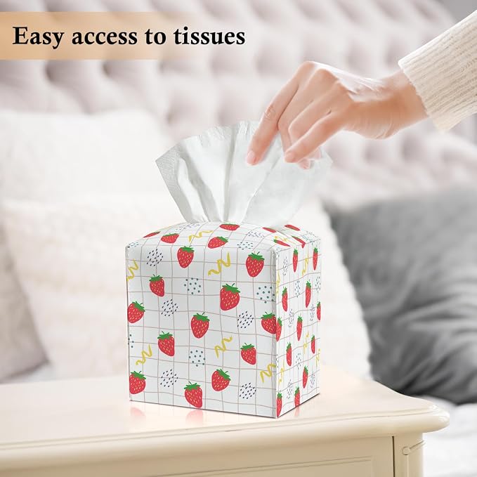 Strawberry Tissue Box Covers Square, Leather Tissue Box Holders Decorative for Car Nightstand Home Office Bathroom Organizer, Square Facial Paper Organizer Home Decor -016