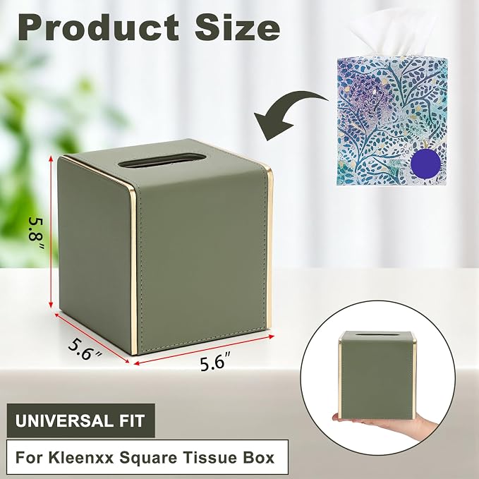 Sumnacon PU Square Tissue Box Cover, Magnetic Bottom, Waterproof,Dark Green | Stylish Cube Tissue Box Holder with Gold Edging Fits Vanity, Toilet Tank, Dresser, Nightstand, Table, Countertop, Office, Car