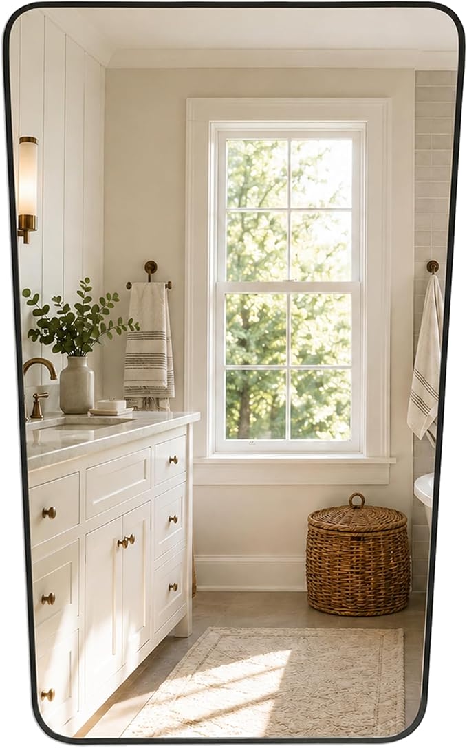 Matte Black Tapered Rounded Rectangle Bathroom Mirror, 24x36 Inch | Aluminum alloy frame, soft trapezoid shape, tempered glass, reversible vertical keyhole mount