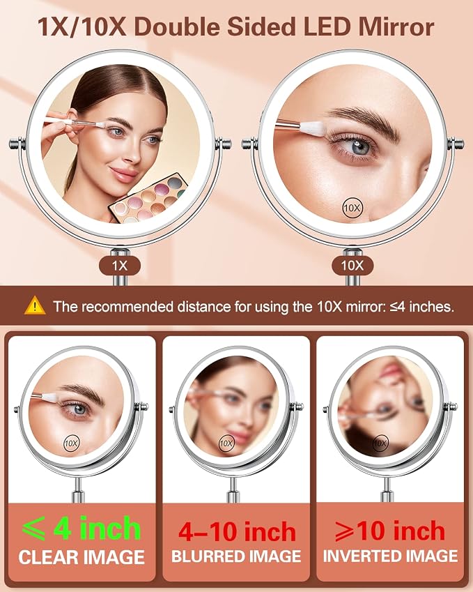 7" Lighted Makeup Mirror with Magnification 10X, Height Adjustable,3 Lights | 1X/10X Magnifying Mirror with Light, Stepless Dimming, 360° Swivel, Rechargeable Vanity Mirror for Desk, LED Standing Mirrors