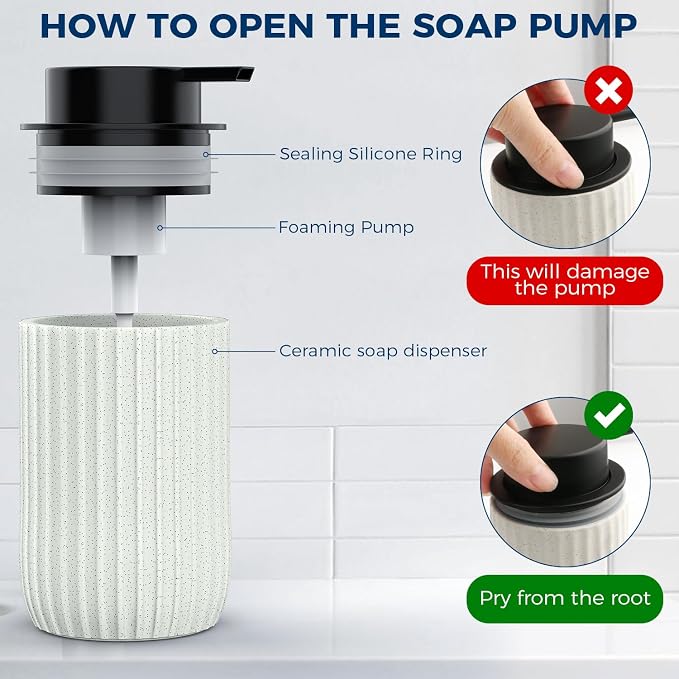 Ceramic Foaming Hand Soap Dispenser, 12 oz Bathroom Soap Dispensers - Beige | Lotion Dispenser for Kitchen, Refillable Matte Streaks Soap Dispenser with Large Pump
