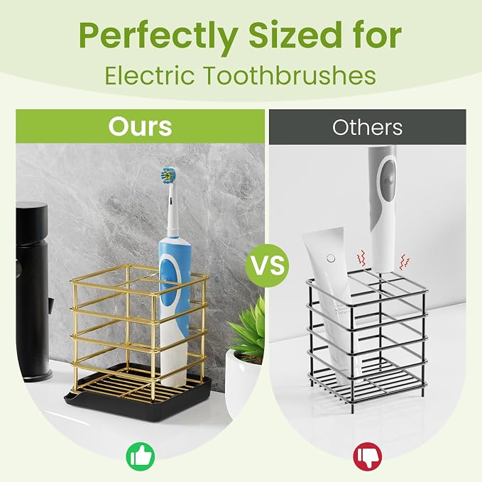 Toothbrush Holders for Bathroom,Gold,Stainless Steel,Detachable,Tray,3 Slot | Easy to Clean,Multifunctional,Kids Electric Toothbrush Organizer,Drainage,Removable,For Bathroom,Vanity,Kitchen Sink,Office