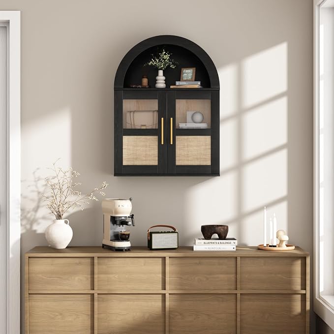 RUSTOWN Arched Bathroom Wall Cabinet with 2 Glass & Rattan Doors | Rattan Medicine Cabinet, Farmhouse Over the Toilet Storage Cabinet, Adjustable Shelves, 3-Tier Wall Mounted Cabinets