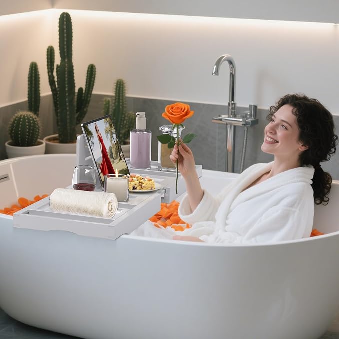 Bathtub Tray Caddy, Bamboo Expandable Bath Tray for Tub | Foldable Bath Table Trays, Bathtub & Bathroom Accessories for New Home & Mothers, Birthday Gifts for Mom, White