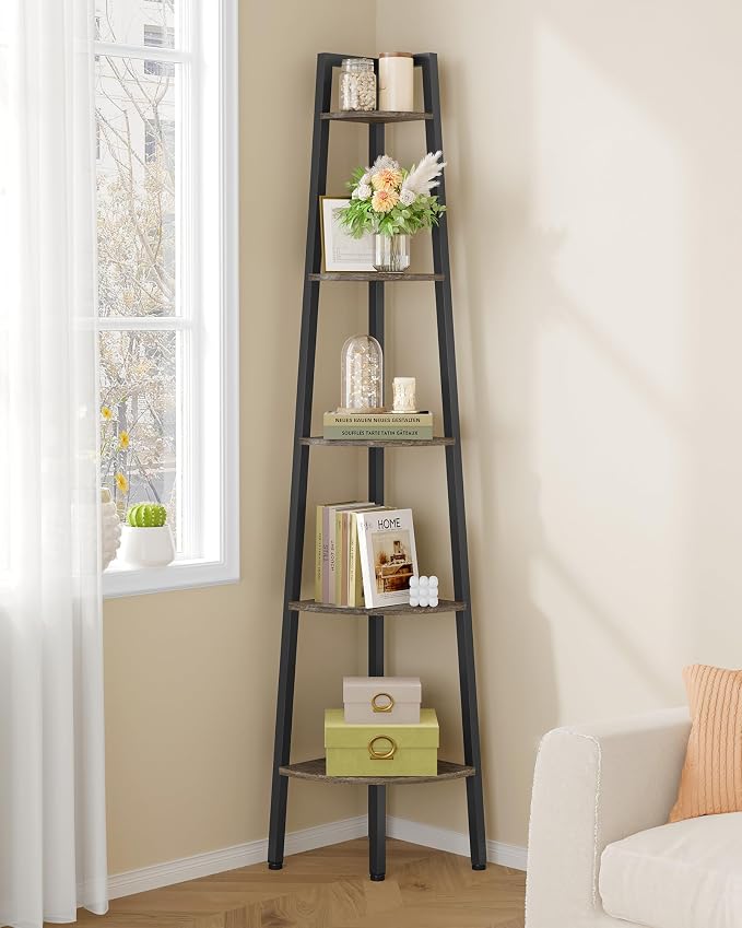 Hoctieon Corner Shelf, 5-Tier Corner Bookshelf, Rustic Ladder Shelf, Industrial Display Stand for Living Room, Kitchen, Home Office, Balcony, Small Space, Metal Frame, Grey