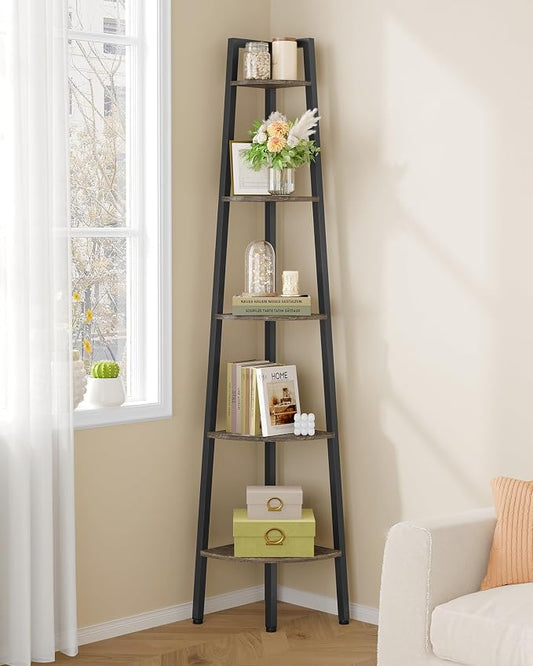 Hoctieon Corner Shelf, 5-Tier Corner Bookshelf, Rustic Ladder Shelf, Industrial Display Stand for Living Room, Kitchen, Home Office, Balcony, Small Space, Metal Frame, Grey