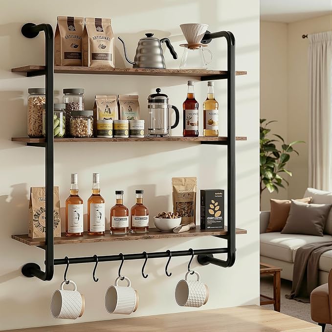 3 Tier Industrial Pipe Floating Shelf, 24" Kitchen Wall Shelves | with Towel Bar & 6 Hooks, Coffee Bar Shelves Display Bookshelf Wall Shelf for Kitchen, Bathroom, Home Décor, Rustic Brown