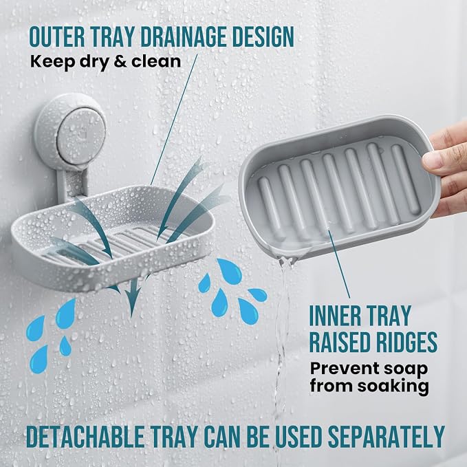 TAILI Soap Holder, Soap Dish for Shower Suction Cup, Bar Soap Holder, Grey | Removable Soap Holder Shower, Soap Tray for Shower Wall, Drill Free Sponge Holder, Bathroom & Kitchen, No drill