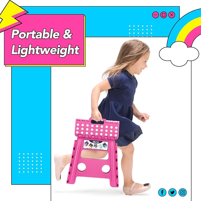 Delxo Folding Step Stool 13 Inch,300 Lbs Step Stool for Adults Pink | Foldable Step Stool 13",Non-Slip Foot Stools with Handle,Lightweight Collapsible stools for Kitchen,Bathroom,Bedroom,Garden