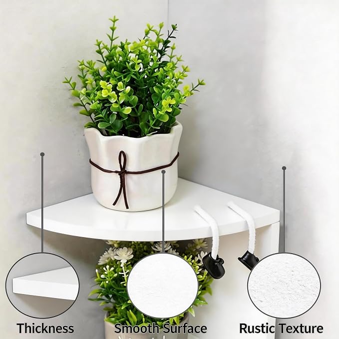 No-Drill Corner Shelf Wall Mount, 7-Tier Thickened 12mm Floating Bookshelf with Hooks, Space-Saving Zigzag Plant Shelf for Bedroom, Living Room, Bathroom, Home Office