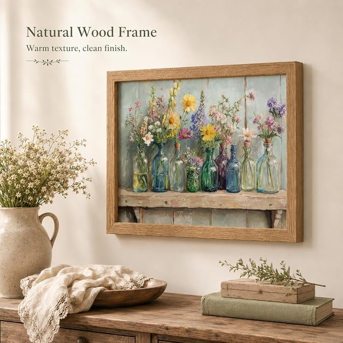 Wood Framed Farmhouse Plants Flowers Wall Art Wildflowers Colorful Glass Bottles Wall Decor Rustic Wildflower Poster Print Artwork for Bathroom Living Room Bedroom Study Room Home Decoration
