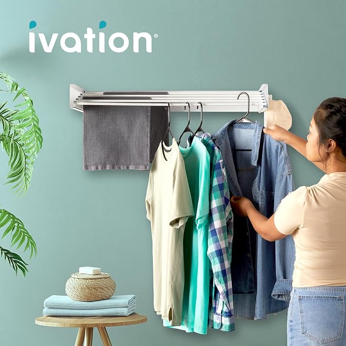Ivation Retractable Wall Mounted Clothes Drying Rack, 32" Foldable Laundry Drying Rack for Clothing | Collapsible Space-Saving Design & 5 Rods | Easy Installation with Hardware & Wall Template (White)
