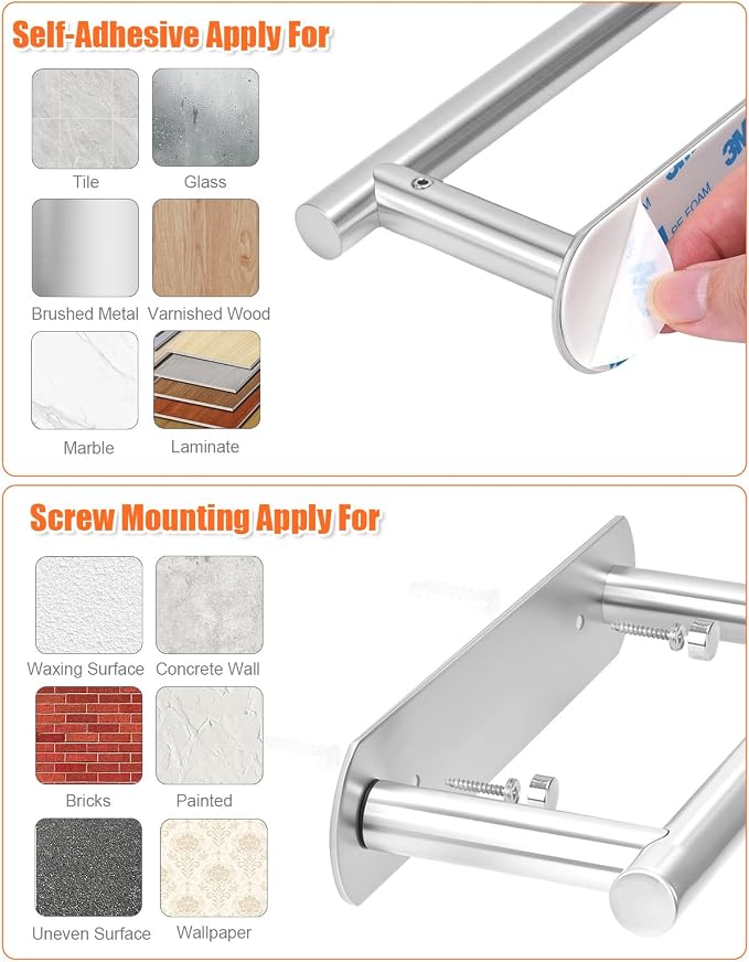 YUET Toilet Roll Holder, Self Adhesive or Screw In Wall Mounted Options, Double Post Pivoting Tissue Roll Holder, Stainless Steel Rustproof Stick On No Drilling Wall Mount for Bathroom, Brushed Nickel