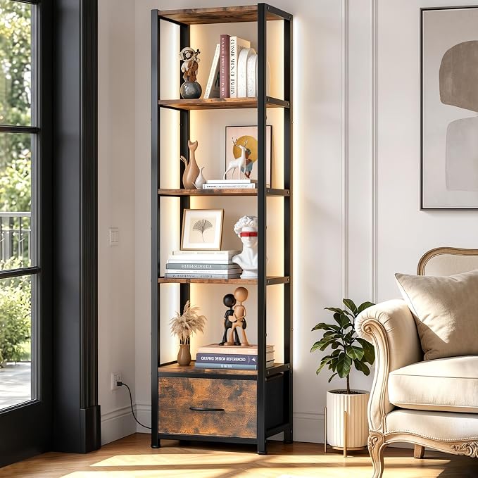 Housolution 6 Tier 60.6" Tall Bookshelf with Storage and LED Light, Brown | Narrow Corner Shelf Stand with Fabric Drawer, Bookcase Storage Organizer, Standing Shelf Unit for Small Spaces