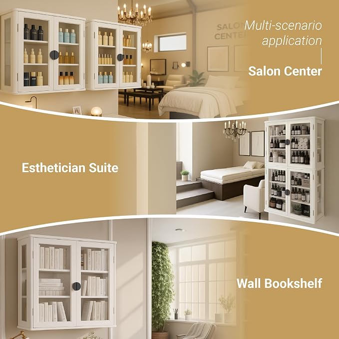 FIMELLO 56’’W Wall Cabinet with Tempered Glass Doors, Bathroom Cabinet Wall Mount, Kitchen Wall Cabinet, Floating Cabinet for Bathroom, Wall Mount Salon Station for Barber, Beauty, White