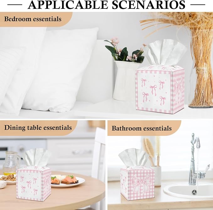 Bow Tissue Box Covers Square, Pink and White Checkered Leather Tissue Box Holders Decorative for Car Nightstand Home Office Bathroom Organizer, Square Facial Paper Organizer Home Decor -019