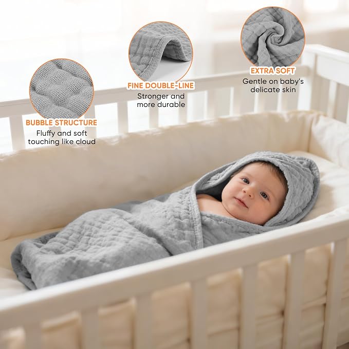 MIGIOL Muslin Hooded Baby Towels 100% Cotton ，Super Soft Muslin Baby Bath Towel - 32 x 32 Inches, Suitable for Newborn and Young Children up to 3 Years Old. (Grey & Green)