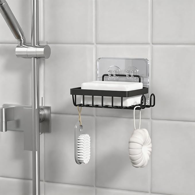 Self Draining Adhesive Soap Bar Holder for Shower Wall with with Soap Saver | Soap Dish Container Caddy Saver with 2 Hooks for Razor Loofah, Shampoo Sponge Tray Case Box for Bathroom Kitchen Sink, Black