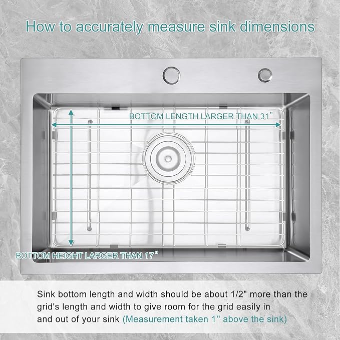 Stainless Kitchen Sink Protector - 30" x 17" with Rear Drain | S304 Sink Grids for Bottom of Kitchen Sink, Rear Drain for Single Bowl Kitchen Sink with Corner Radius