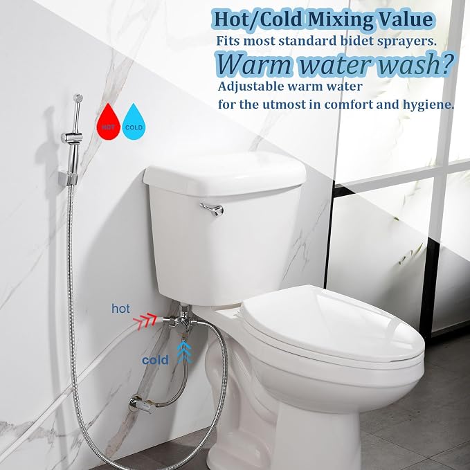 SonTiy Hot and Cold Bidet Mixing Valve Kit, Upgrade Brass 4 Way Warm Bidet T-adapter valve for Handheld Toilet Sprayer Seat Bidet Attachment with Two Tee Connector and 79inch Shower Hose
