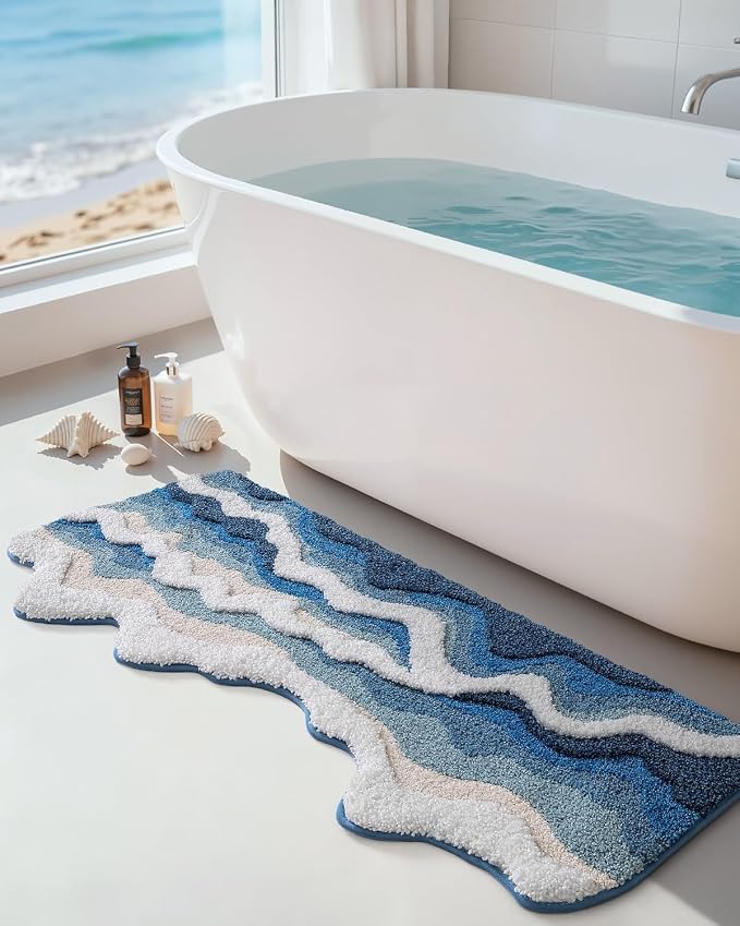 DEXI Cute Bath Mat, Sea Ocean Wave Bathroom Rugs, 43x26 Blue | Soft and Absorbent Microfiber, Non Slip, Machine Washable Bathmat for Shower Floor, Bedroom, Kids Room, Home Decor