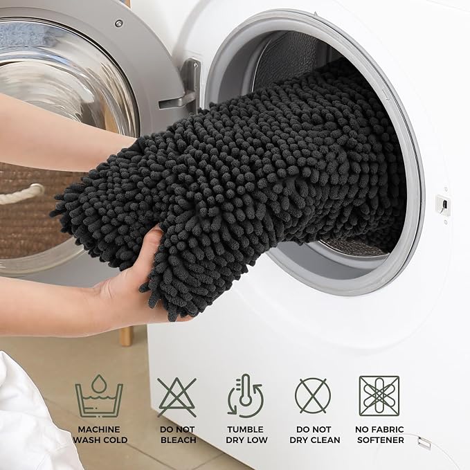 Bcoimo Bath Rug Mat Set,2 Piece Thick Absorbent Chenille Bathroom Mat Black | Non Slip with Rubber Backing 24x17 Bathroom Rug set; Machine Washable;Extra Soft Rugs;High Absorbent、Quick Dry Microfiber mat