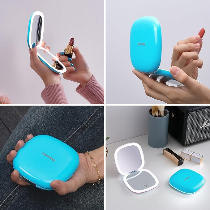 Mocado Compact Mirror with Light-4 Inches Compact 1x/10x Magnifying Mirror | Double Sides Lighted, 3 Colors Lighting, 0-100% Brightness, Diammable Touch, 1200mAh Rechargeable, For Pocket, Purse